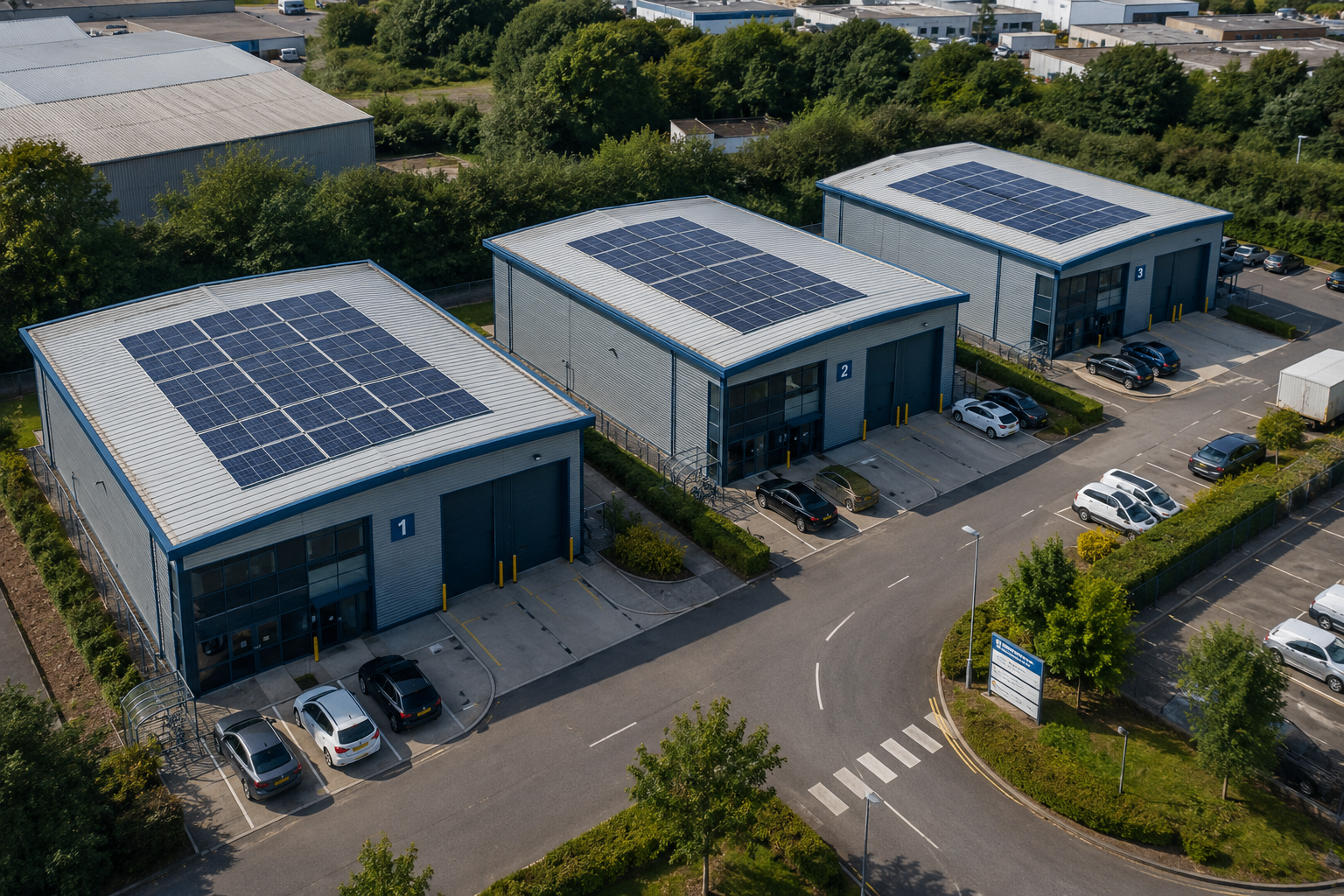 Aerial view of a UK multi-let commercial business park with solar panels across several unit rooftops