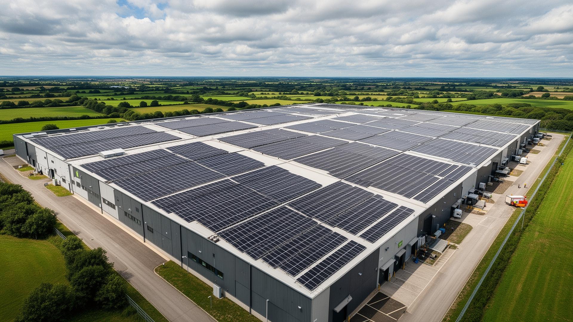 Aerial view of a UK industrial warehouse rooftop covered with commercial solar panels